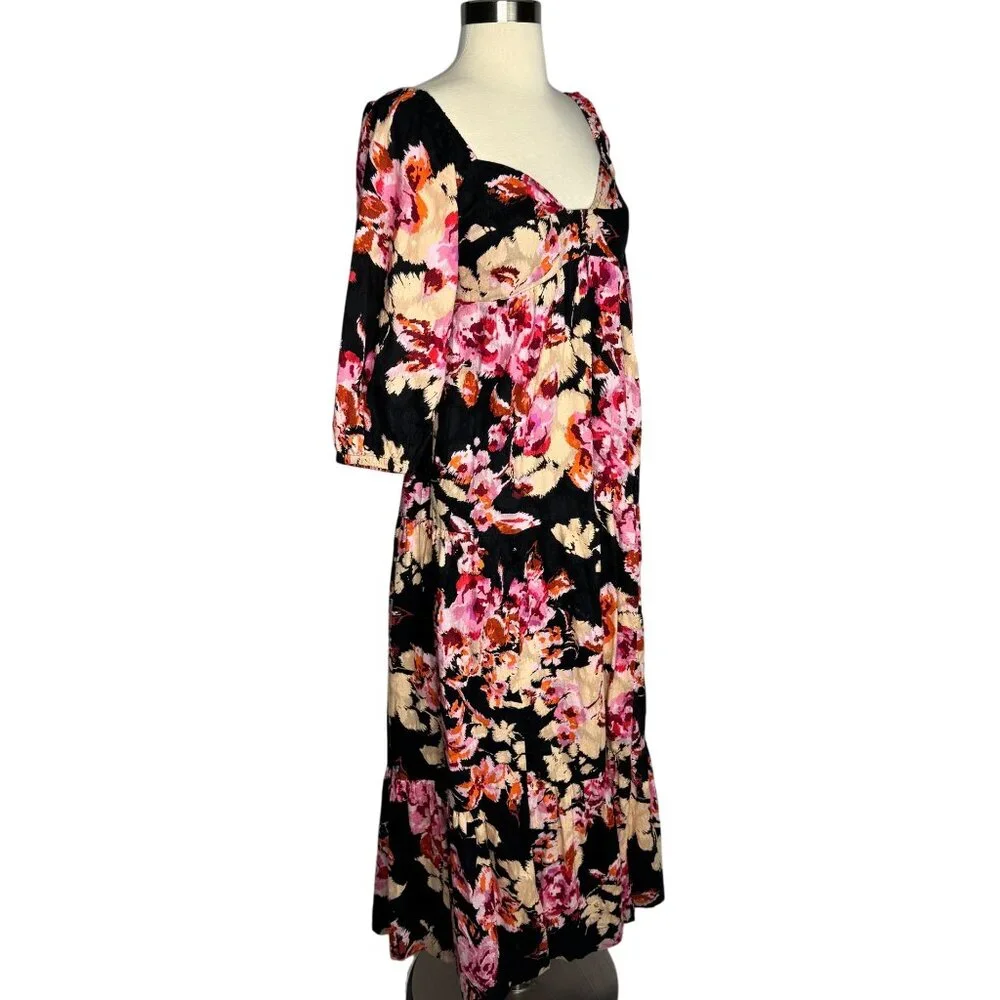 Anthropologie 100% Cotton Boho‎ Black Floral Pink Maxi Dress Balloon Sleeve